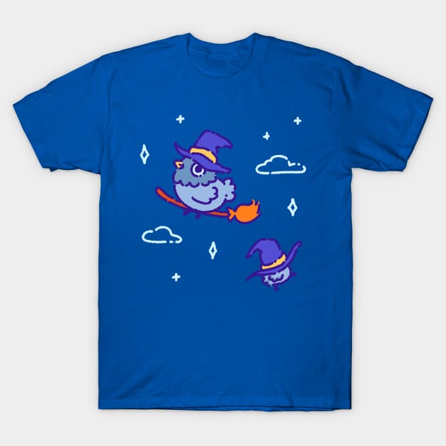 Pigeon flying on a broom T-Shirt by Tinyarts